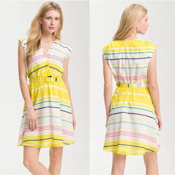 Presley Skye Sloane Belted Silk Blend Stripe Dress Mini Yellow White Pink Size L - Picture 1 of 8